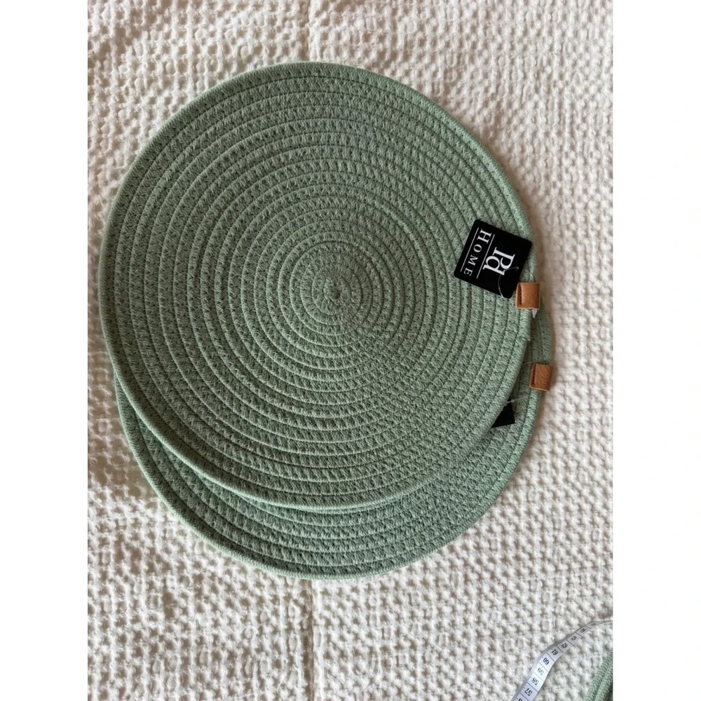 PD Home Set of 2 Sage Green Woven Cotton Rope Round Placemats 14 Inch Boho Table